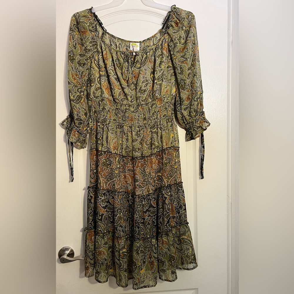 Anthropologie Fig & Flower Olive Green Paisley Tiered Dress